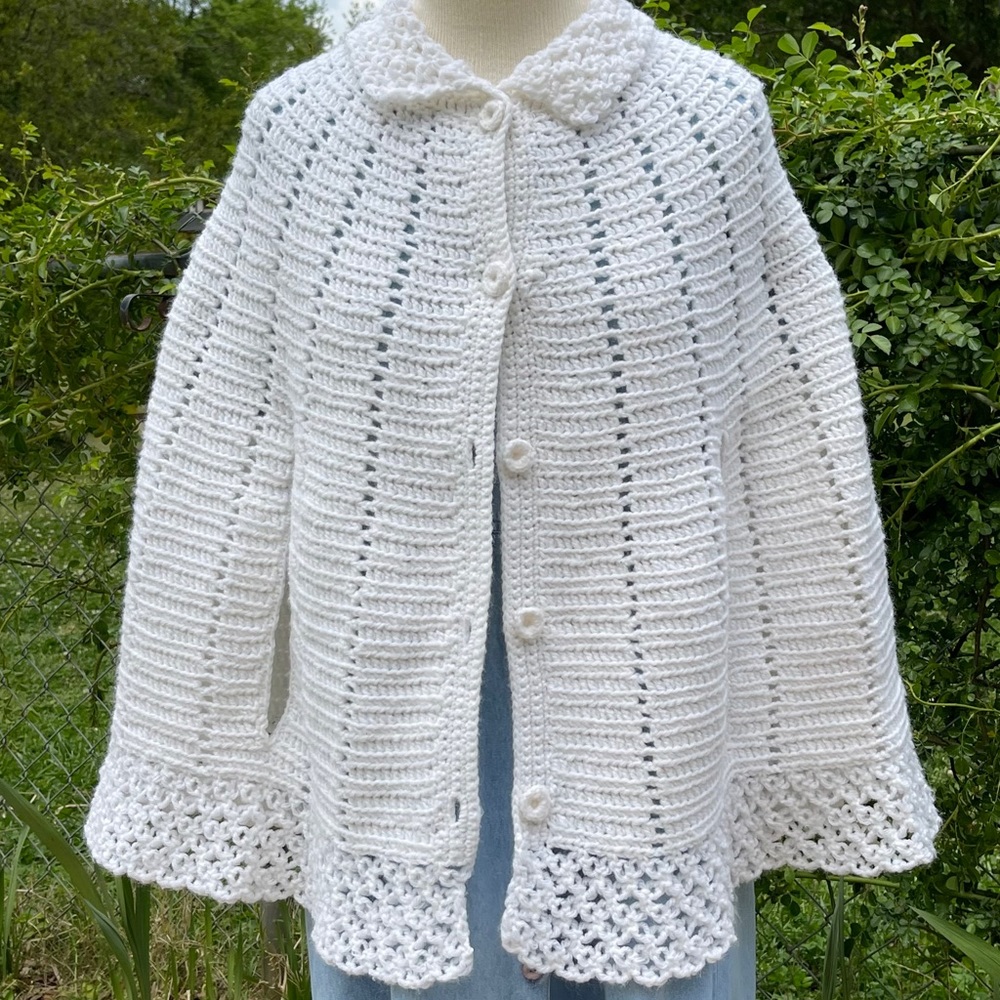 70s Crochet Poncho Sweater with Peter Pan Collar covered buttons - Picture 2 of 16